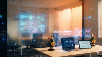 営業プロセスとデータ分析のホログラム表示、門松装飾のあるモダンオフィス