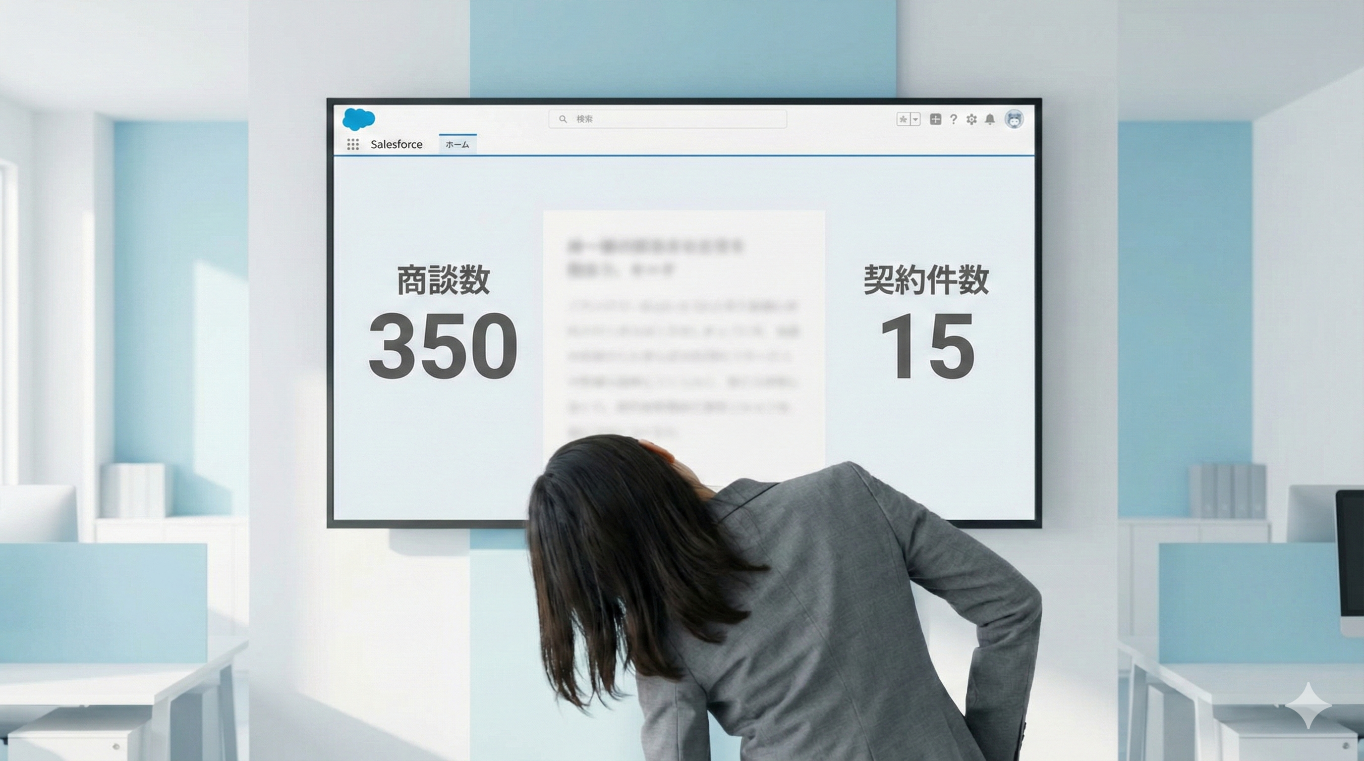 SalesforceやHubSpotなどのSFAで商談数と契約件数しか見えず営業改善ができない状態を示すダッシュボード画像